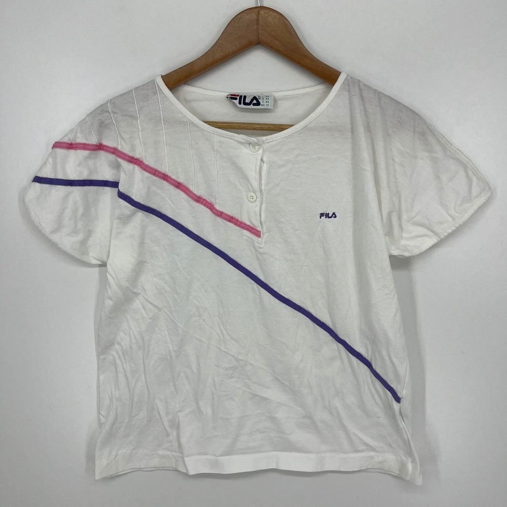 Vintage Fila White Cotton Short Sleeve Striped Henley Top Size 12 Made in Italy